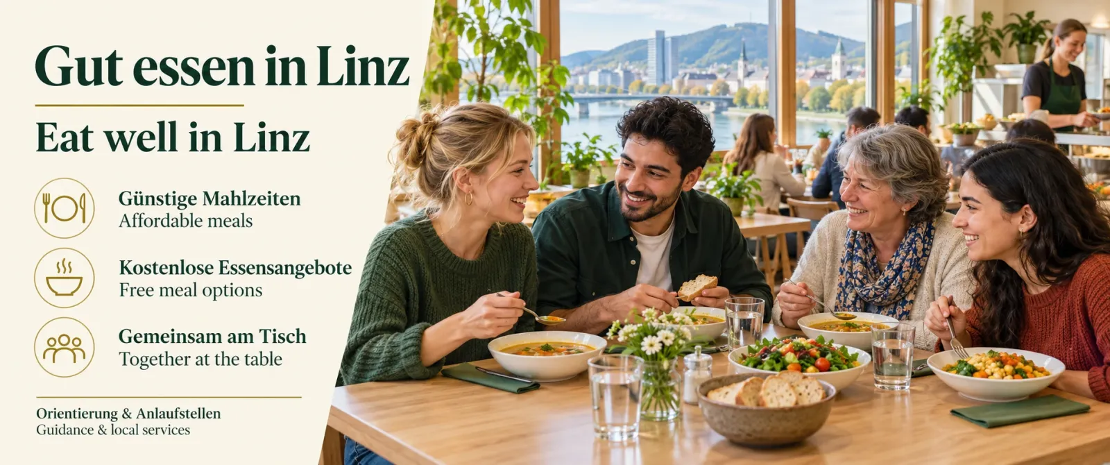 Gut und günstig essen in Linz – Menschen beim gemeinsamen Mittagessen mit Blick auf die Donau